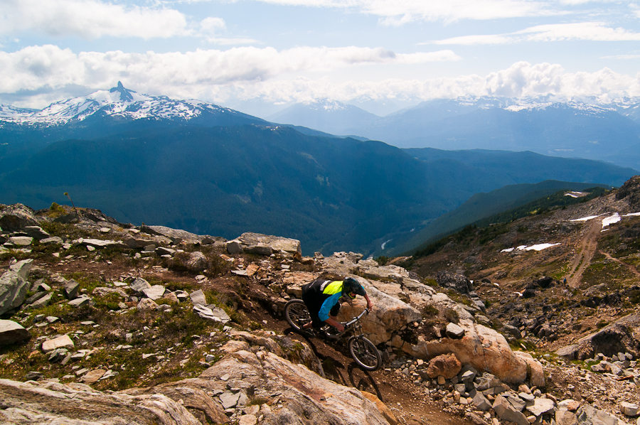 Jared Vandergriend makes the first turn on the Top Of The World with Black Tusk 