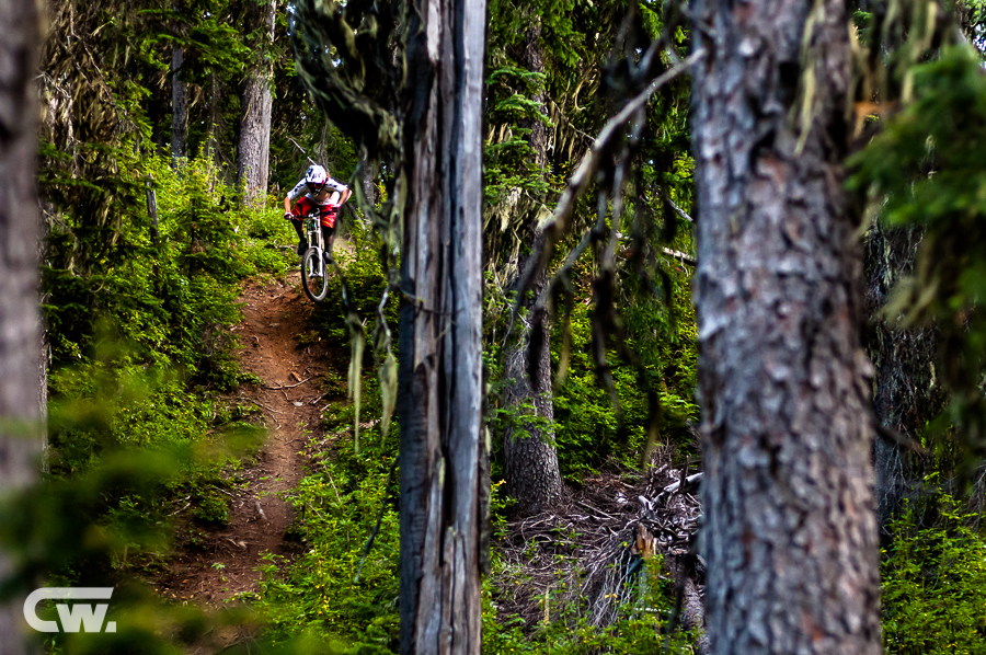 Ian Morrison dropping into the forest on the middle section of Powerslave.