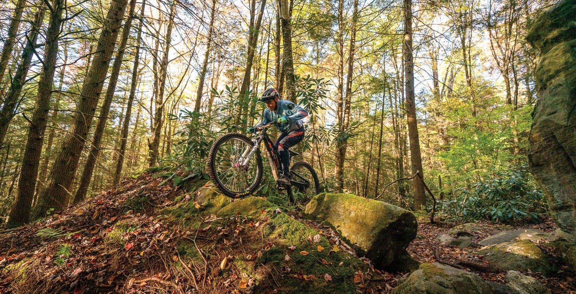 Local rider Jason Cyr scoots up and over one of many alt lines on Yellow Birch, a test-piece trail at Blackwater Falls State Park near Davis. Photo by Dylan Jones | SONY 1/500, F/4, ISO 2500