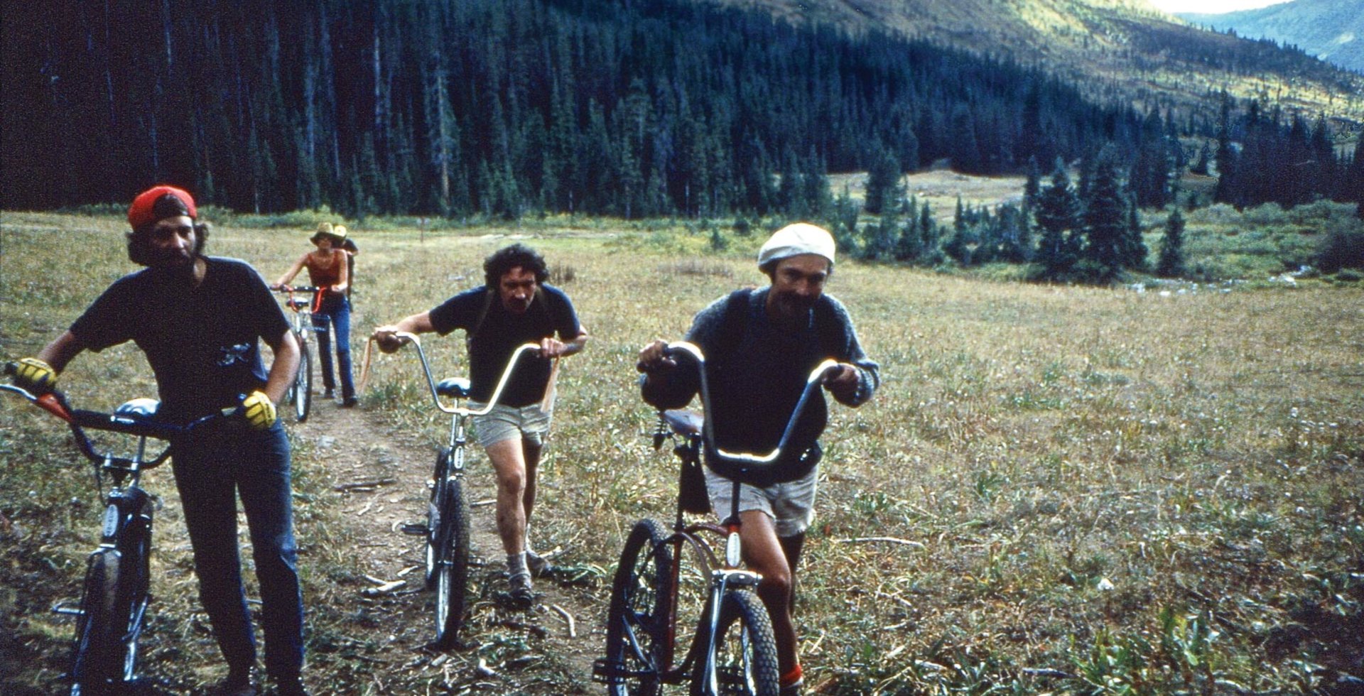 Albert Maunz, Bob Starr, Jim Cloud and a local Crested Butte woman arriving at Cumberland Basin Camp, in September of 1978.