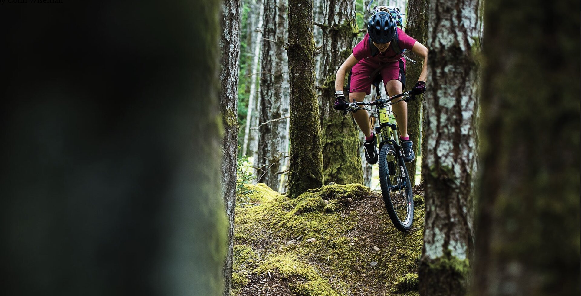 Sometimes it’s hard to tell a deer trail from a bike trail, given the overwhelming blanket of moss that coats Mt Geoffrey. Darcy Turenne finds the fall line on a nameless mid-mountain line.