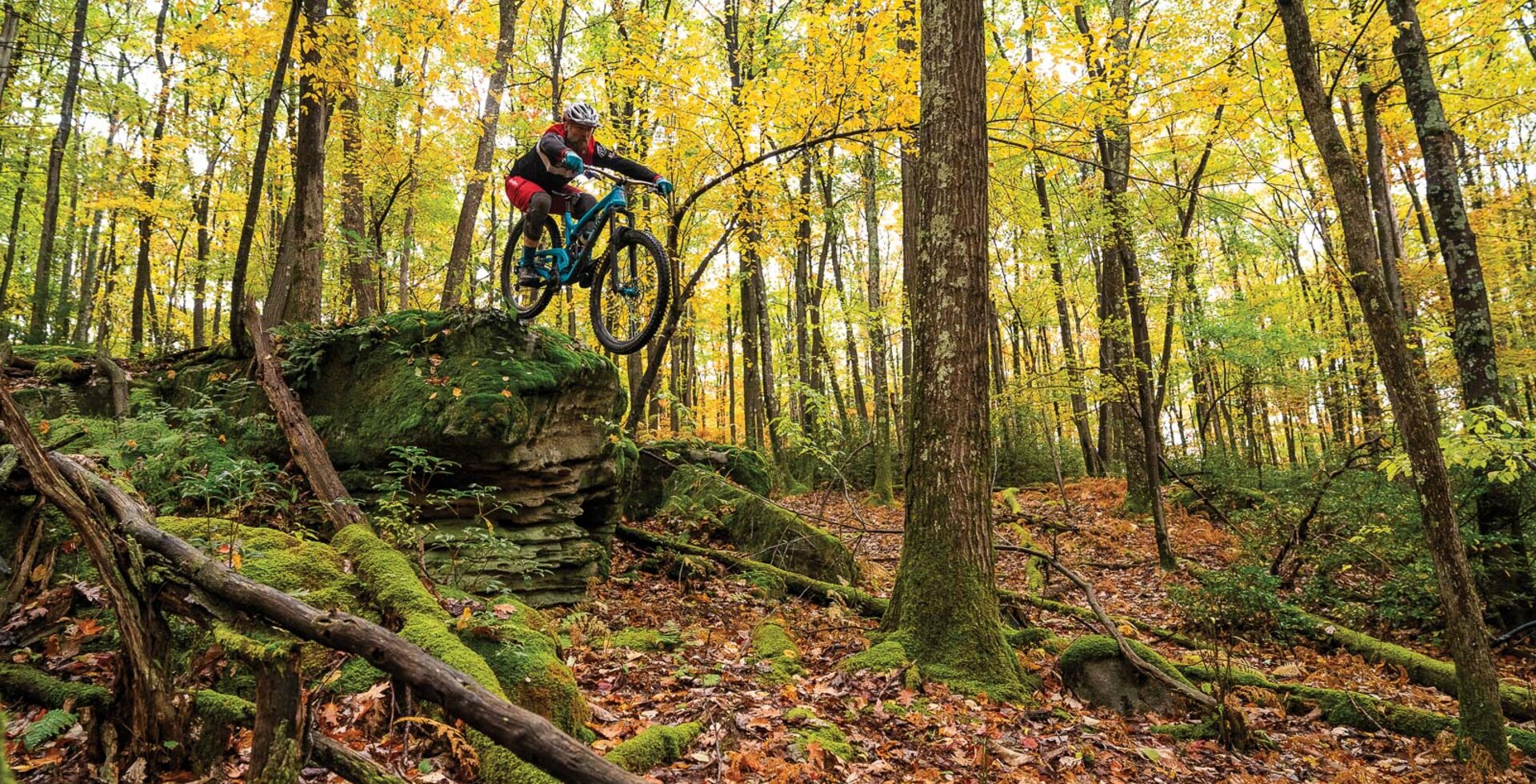 For those who know where to look, sidehits and sneaky lines are aplenty at the private Big Bear trail system. John Herod eases off a chunky ledge in a bath of autumn leaves. Photo by Brett Rothmeyer  SONY 1/1000, F/3.5, ISO 4000