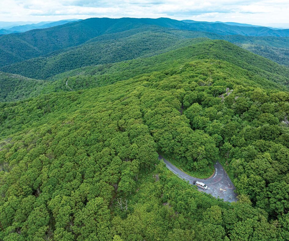 The Take Aim Cycling shuttle van is visible in an open spot in the otherwise dense canopy of the George Washington and Jefferson National Forest. The top of Reddish Knob, where a group of mountain bikers new to backcountry riding would start their journey, is nearby.