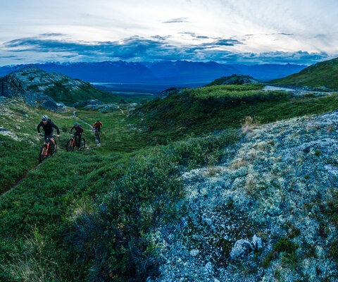 Riders (from front) Sam Schultz, Peter Ostroski, and Matt Monod climb a trail in the Alaska Range at midnight.