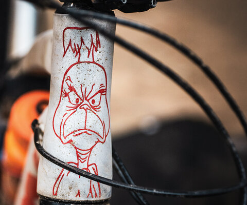 A custom Grinch headtube sticker, made by former Kona Bicycle industrial designer Gavin Stewart, dons one of the brand’s 2018 prototype models of aluminum Process 153 bikes. Kona, long known for its playful designs and rock-solid products, sold to a private equity sports conglomerate in 2022 before being reacquired by its original owners in 2024. Photo: Paul Kelly