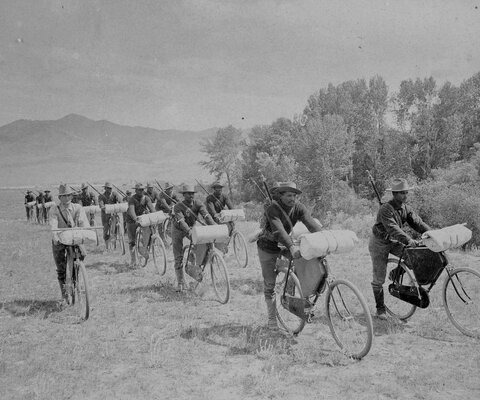 You don’t need high-tech to be ahead of the time. Soldiers from the 25th Infantry Regiment push their fully loaded bikes outside of Fort Missoula, MT in 1897. The man on the far left is Lt. James A. Moss, who would join the 25th in Cuba a year later during the Spanish-American War. Photo: Frank M. Ingalls