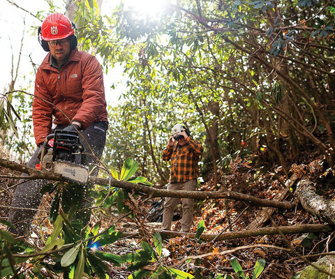 Pisgah Area SORBA’s Daniel Sapp and Jared Hartman work to clear fallen trees, branches, and debris from Turkey Pen Gap. Within just a few days, volunteers and staff from the nonprofit had cleared more than 500 fallen trees from local trails. Photo: Derek DiLuzio