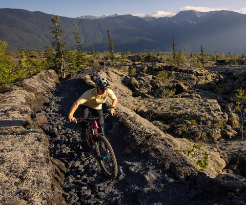 Laura Battista rides the lunar landscape of the Nisga’a Memorial Lava Beds. It’s like slick rock, only sharper.