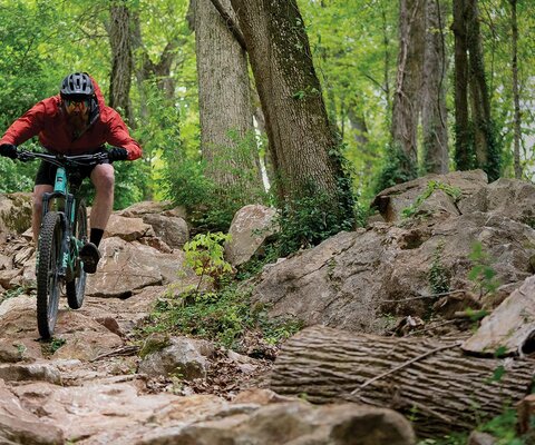 Rich “Shaggy” Kidd rambles his way down Plan B, an advanced trail at Marie Myers Park that locals call the Year-Round Get Down, home to some of the rockiest and rowdiest trails in Knoxville—a purposeful design element that allows for riding in wet conditions. Photo: Leslie Kehmeier