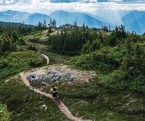 Mitch Roy and Rob Hesse descend the Maroon Mountain trail north of Terrace, British Columbia. This stout out-and-back adventure provides access to some of the region’s most pristine subalpine terrain above Kitsumkalum Lake.