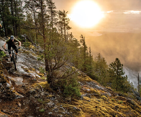 Local bike mechanic Fraser Newton leads writer Andrew Findlay on Civil Disobedience, the flagship 2,500-foot descent on Mount Mahony outside of Powell River, British Columbia.