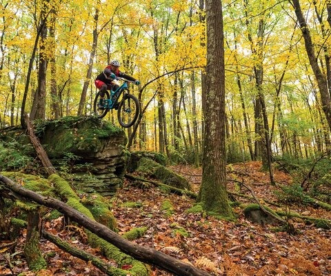 For those who know where to look, sidehits and sneaky lines are aplenty at the private Big Bear trail system. John Herod eases off a chunky ledge in a bath of autumn leaves. Photo by Brett Rothmeyer  SONY 1/1000, F/3.5, ISO 4000