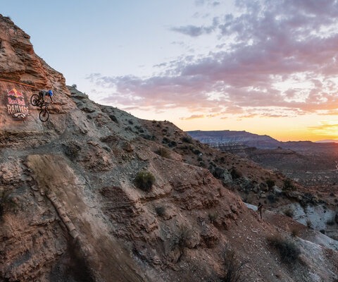 Casey Brown drops into what she later called the biggest feature she'd ever ridden during training before the first-ever women's Rampage event. Photo: Katie Lozancich